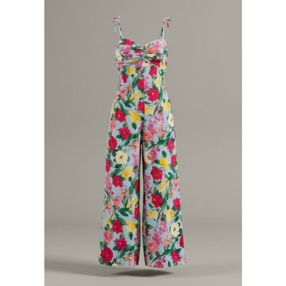 Old Navy Womens L Tropical‎ Resortwear Vacation Linen Wide Leg Smocked Jumpsuit